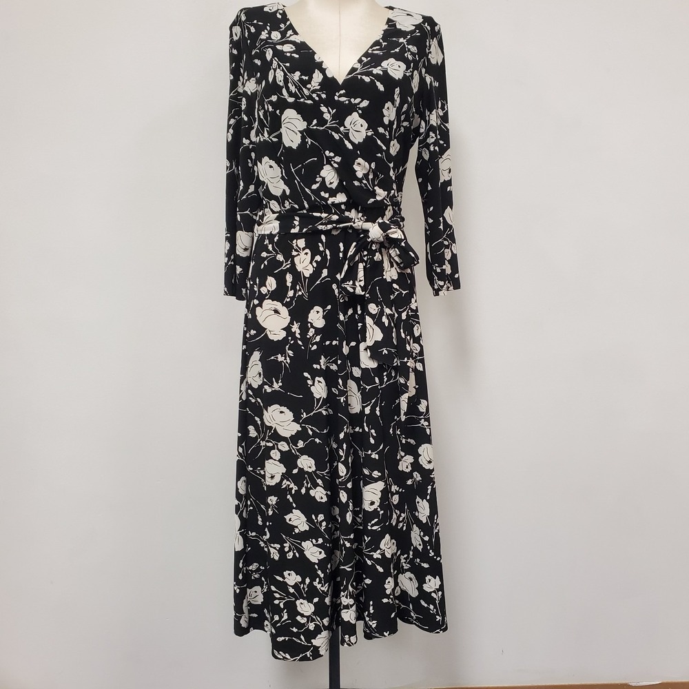 Lauren Ralph Lauren Womens Faux Wrap Belted Dress Size 4 Black White Floral Midi